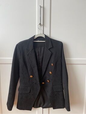 Textured Black Double-Breasted Blazer with Gold Buttons